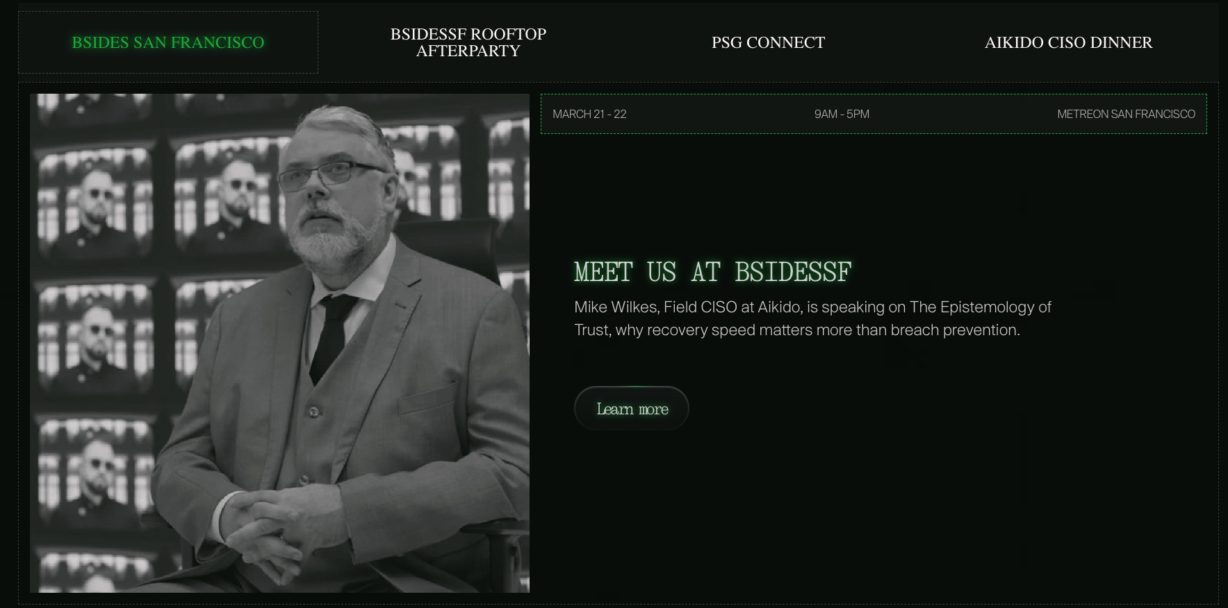 Aikido's RSAC 2026 landing page showing event tabs (BSides San Francisco, BSidesSF Rooftop Afterparty, PSG Connect, Aikido CISO Dinner) with a featured talk by Mike Wilkes.