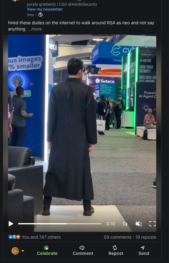 A paid actor dressed as Neo from The Matrix walking the show floor at RSAC 2026, captured in Madeline Lawren's LinkedIn post.